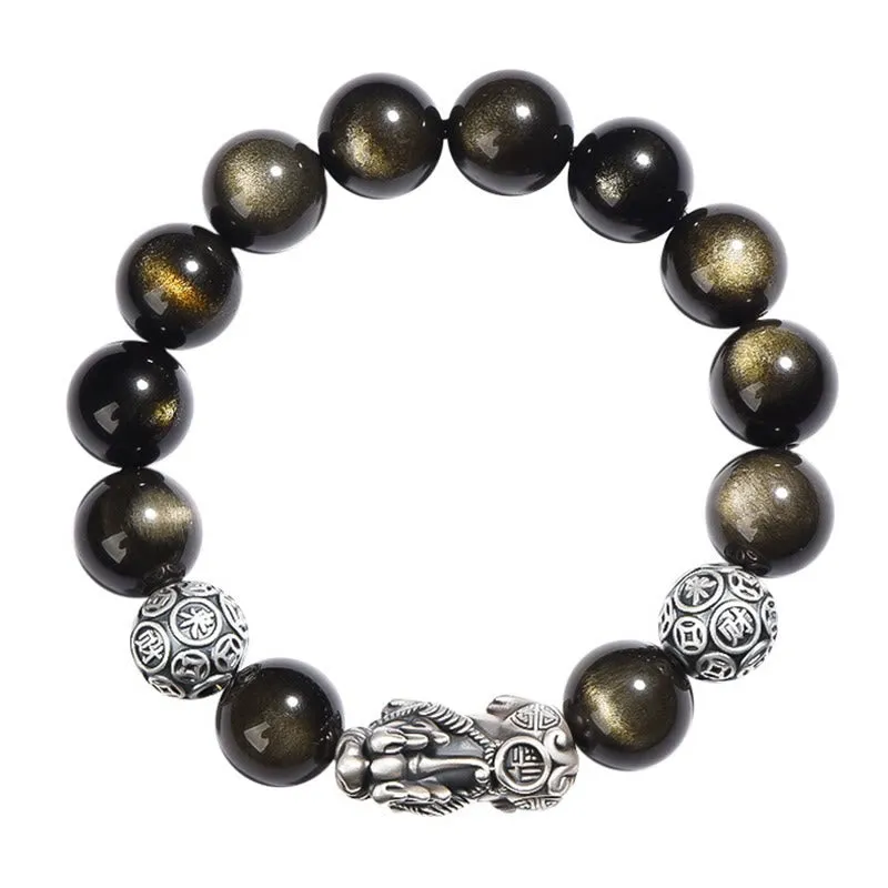 Luck Muse 925 Sterling Silver Gold Sheen Obsidian PiXiu Protection Bracelet - Image 8