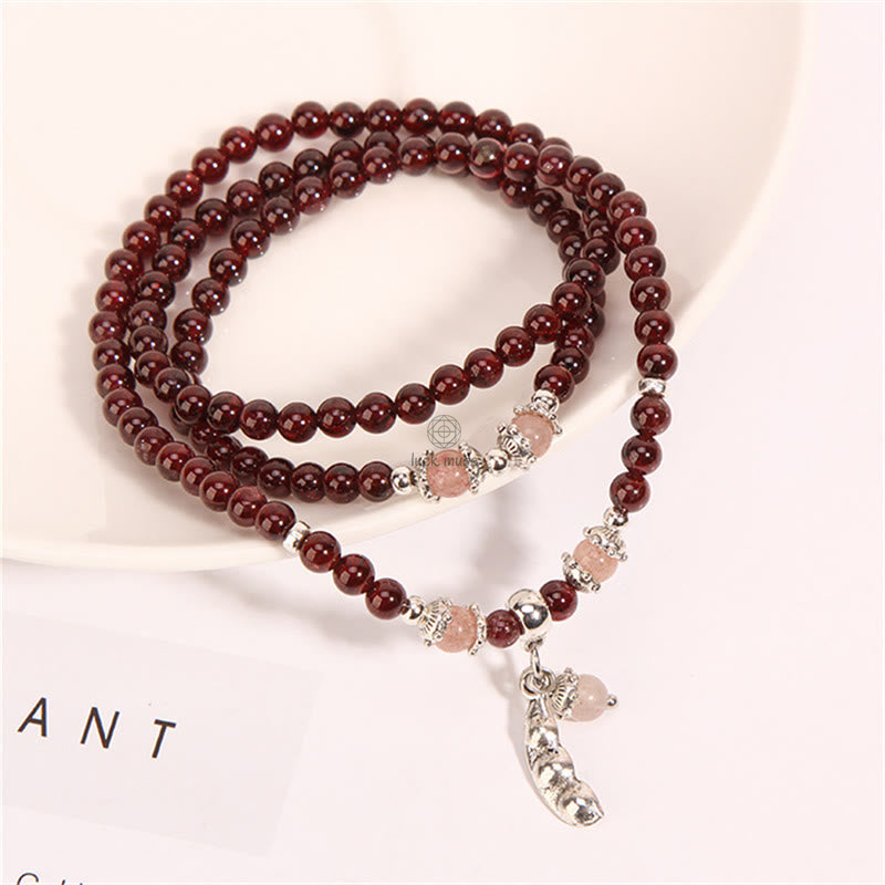 Natural Garnet, Strawberry Quartz, Green Beans PiXiu Protection Wrap Bracelet - Image 2