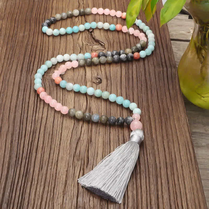 Amazonite and Black Glitter Stone 108 Mala Beads Bracelet with Positive Tassel Design - Image 17