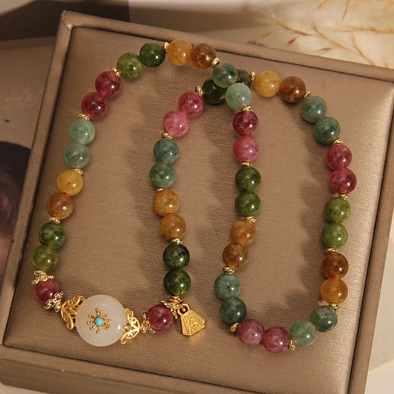 Natural Multicolored Tourmaline and Positive Jade Flower Double Wrap Bracelet - Image 3