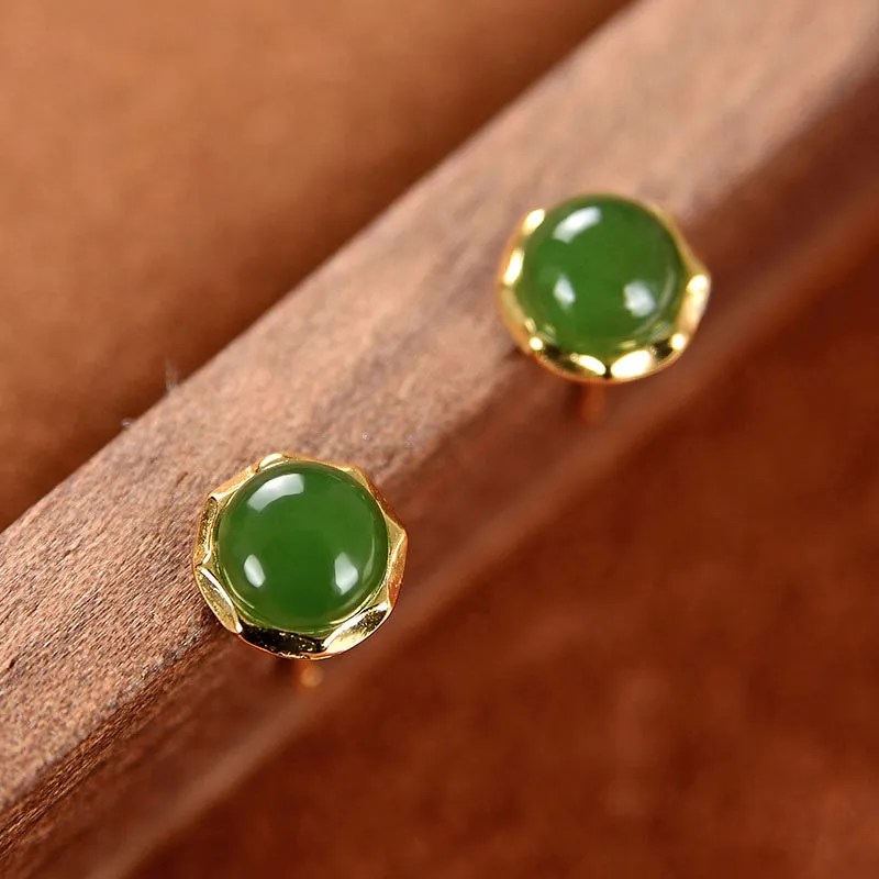Luck Muse Gold-Plated Sterling Silver Hetian Cyan Jade Luck Stud Earrings - Image 3