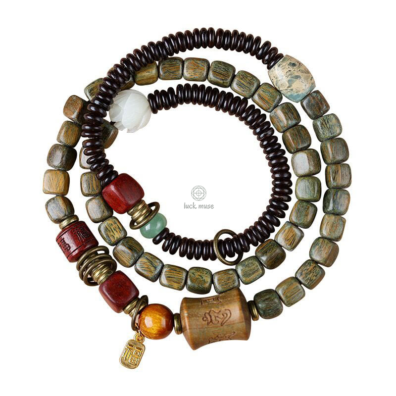 Green Sandalwood Ebony Om Mani Padme Hum Engraved Peace Triple Wrap Bracelet with Luck Muse - Image 3
