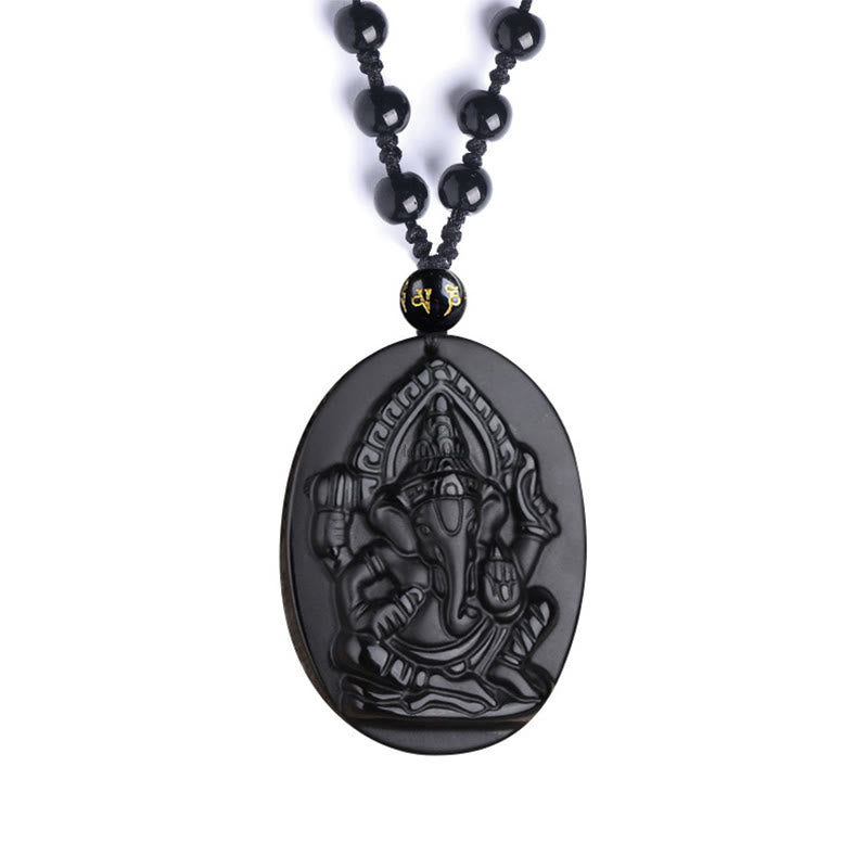 Tibetan Obsidian Ganesh Elephant Wealth Amulet Necklace - Image 12