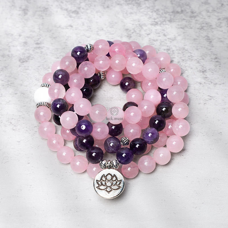 Luck Muse Shop Rose Quartz Amethyst Mala Bead Lotus Pendant Bracelet - Image 2