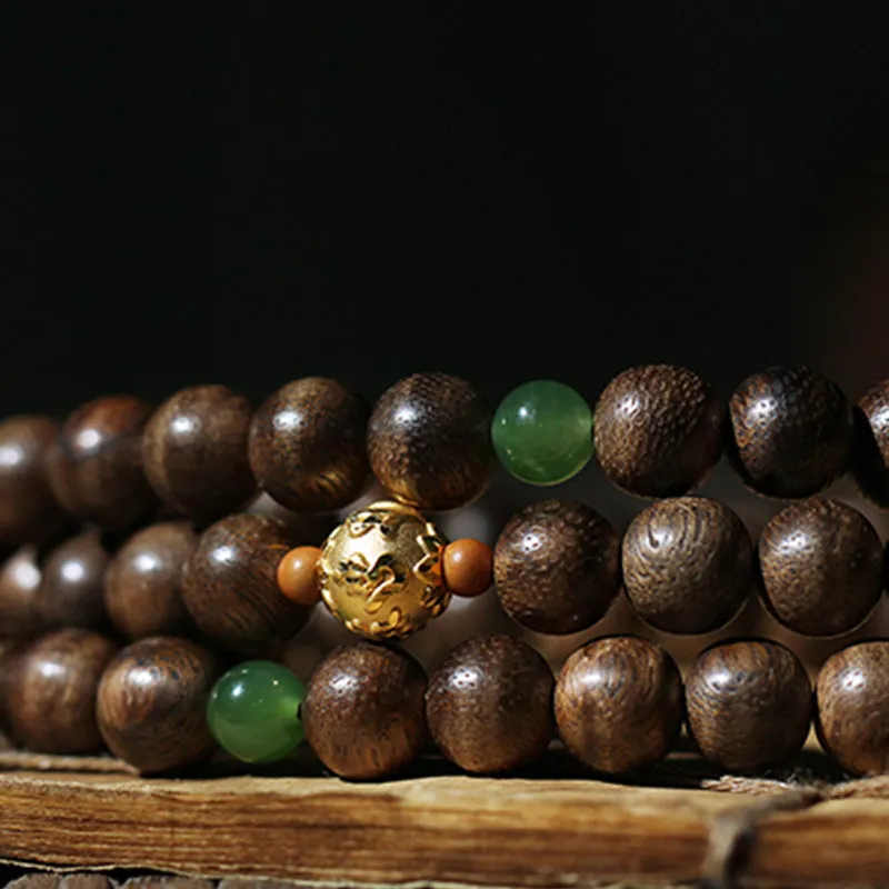 Luck Muse 999 Gold 108 Mala Beads Agarwood Cyan Jade Six Words Strength Bracelet - Image 12