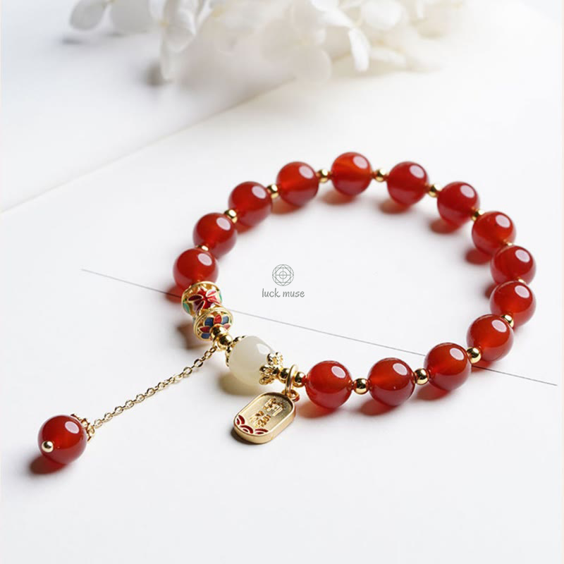 Natural Red Agate and Hetian Jade Fu Character Confidence Bracelet - Image 4