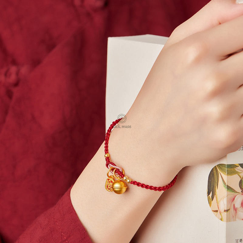 Handmade Lucky Charm Bracelet with Fu Character, Luck Muse, and Red Rope Bell - Image 4