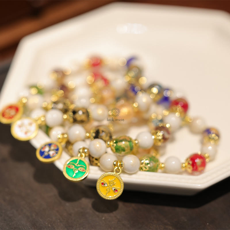 Luck Muse Tibetan Five Wealth God Fortune Charm Bracelet with Liuli Glass Beads, Incense Ash, and Porcelain Beads - Image 3