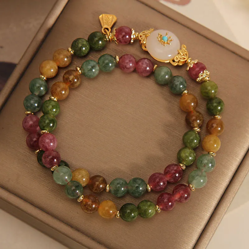 Natural Multicolored Tourmaline and Positive Jade Flower Double Wrap Bracelet - Image 4