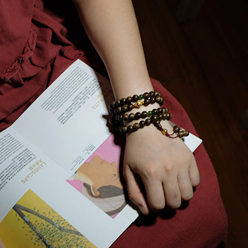 Luck Muse 999 Gold 108 Mala Beads Agarwood Cyan Jade Six Words Strength Bracelet - Image 4