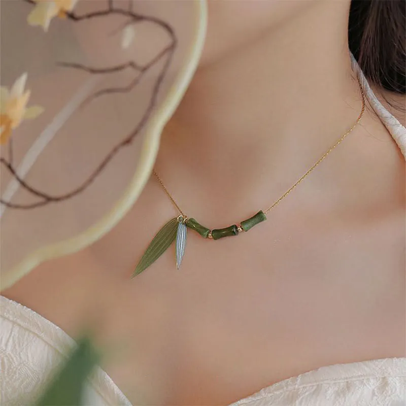 Bamboo Leaf Jade Luck Muse Wealth Necklace Pendant - Image 3