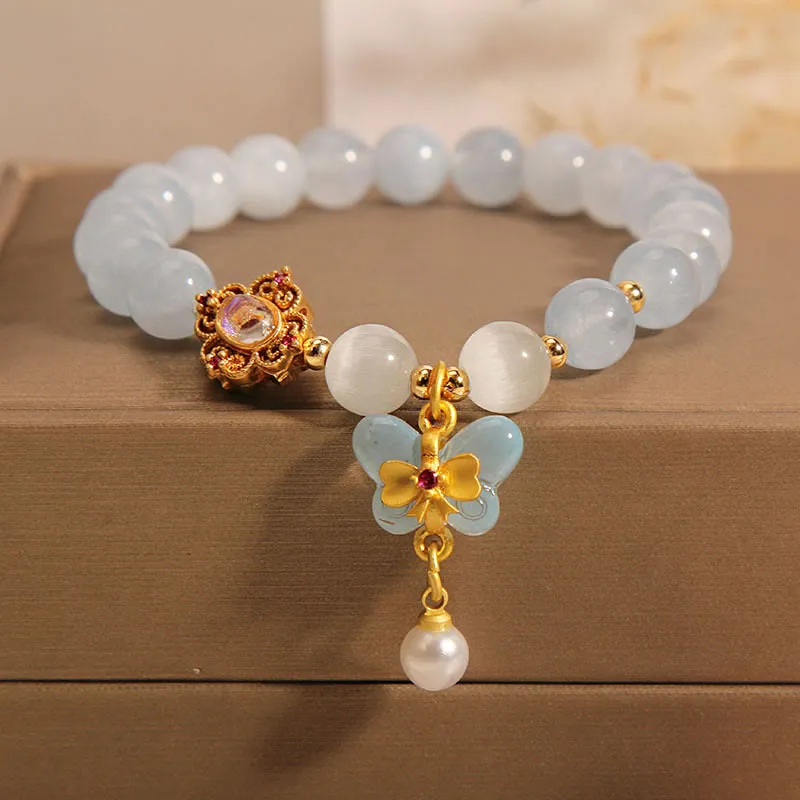 Luck Muse Aquamarine Cat's Eye Butterfly Pearl Healing Charm Bracelet