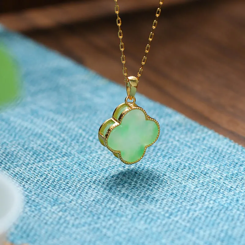 Luck Muse Lucky Four-Leaf Clover Jade Pattern Necklace Pendant - Image 4