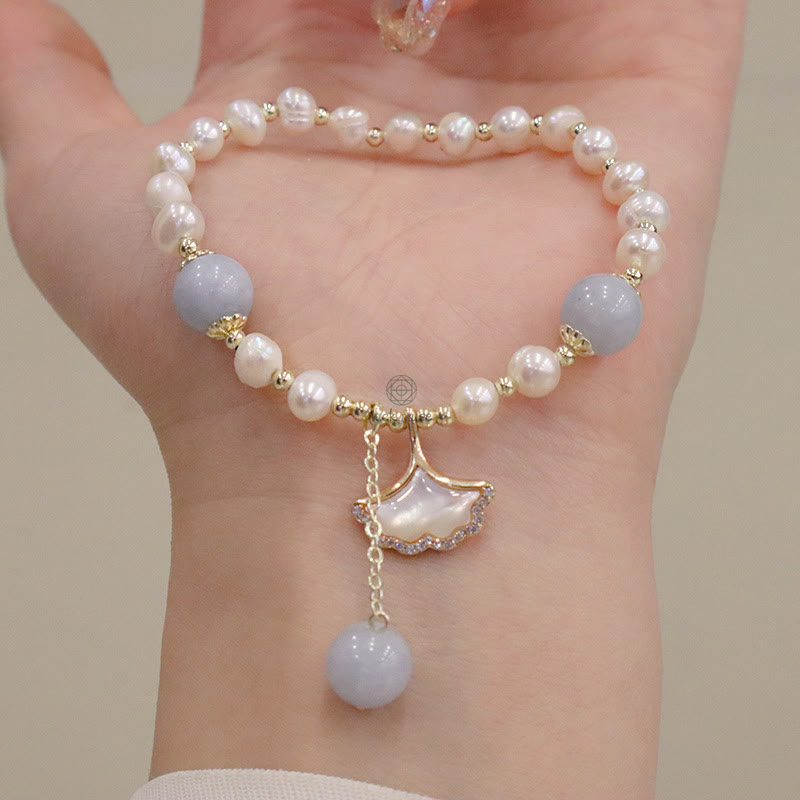 Aquamarine Pearl Healing Bracelet with Ginkgo Leaf and Butterfly Charm - Image 6
