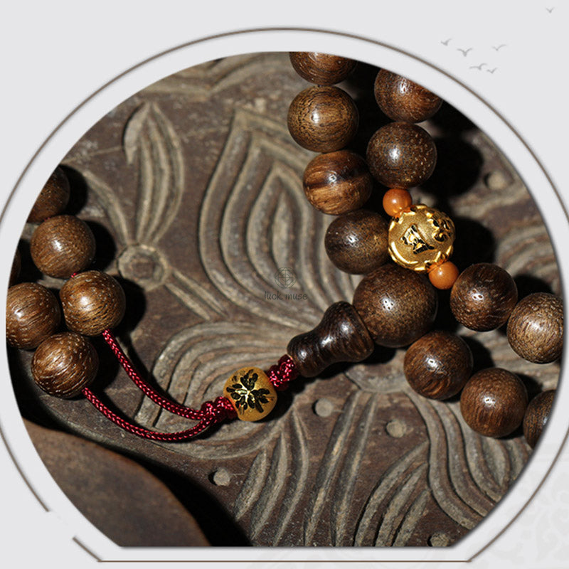 Luck Muse 999 Gold 108 Mala Beads Agarwood Cyan Jade Six Words Strength Bracelet - Image 17
