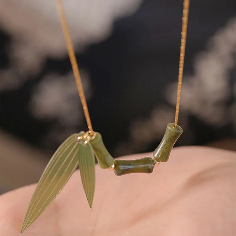 Bamboo Leaf Jade Luck Muse Wealth Necklace Pendant - Image 2