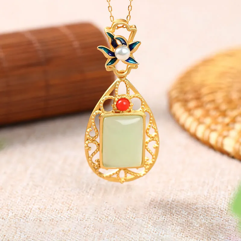 Vintage Flower Jade Gold-Plated Prosperity Necklace Pendant from Luck Muse Shop