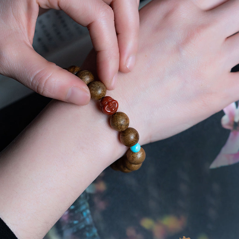 Tarakan Agarwood Amber Red Agate Laughing Buddha Meditation Bracelet - Image 8