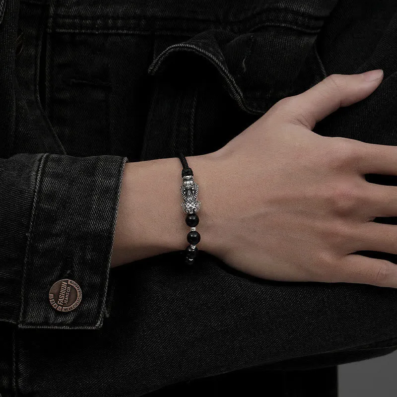 Luck Muse 999 Sterling Silver Feng Shui Pixiu Natural Black Obsidian Bracelet - Image 3