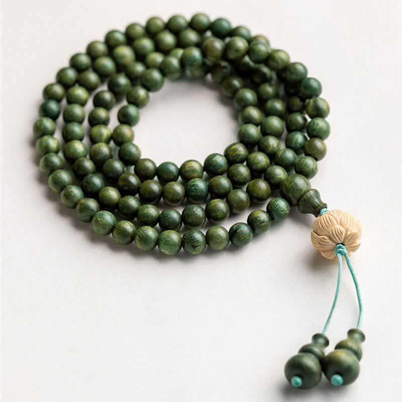 Luck Muse 108 Mala Beads Bracelet with Green Sandalwood Boxwood Lotus Design - Image 5
