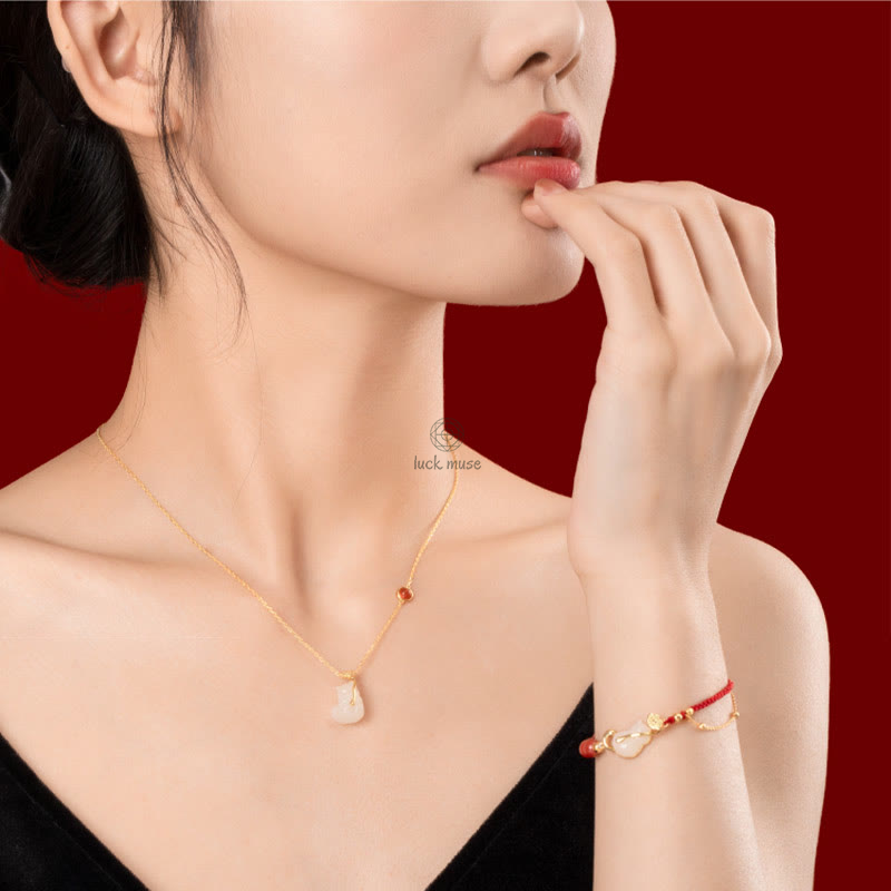 Luck Muse 925 Sterling Silver Plated 18K Gold Hetian Jade Ruyi Cat Cinnabar Luck Jewelry Set - Image 3