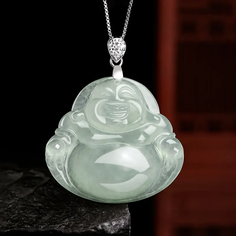 Luck Muse Laughing Buddha 925 Sterling Silver Jade Necklace Pendant for Prosperity and Abundance