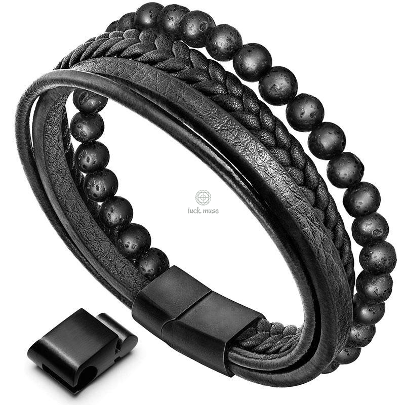 Natural Lava Rock Frosted Stone Bead Leather Bracelet with Black Onyx Accents - Image 18