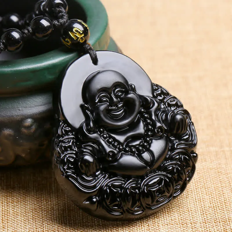 Laughing Buddha Black Obsidian Protection Pendant Necklace - Luck Muse Shop - Image 2