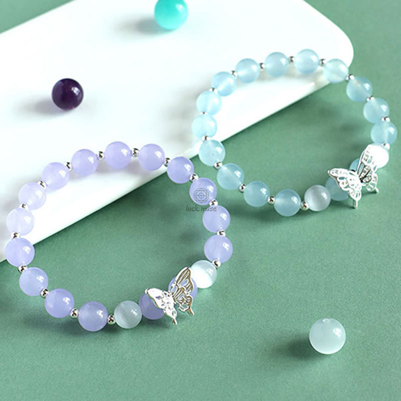 Blue Chalcedony and Pink Crystal Butterfly Energy Bracelet with Luck Muse - Image 2