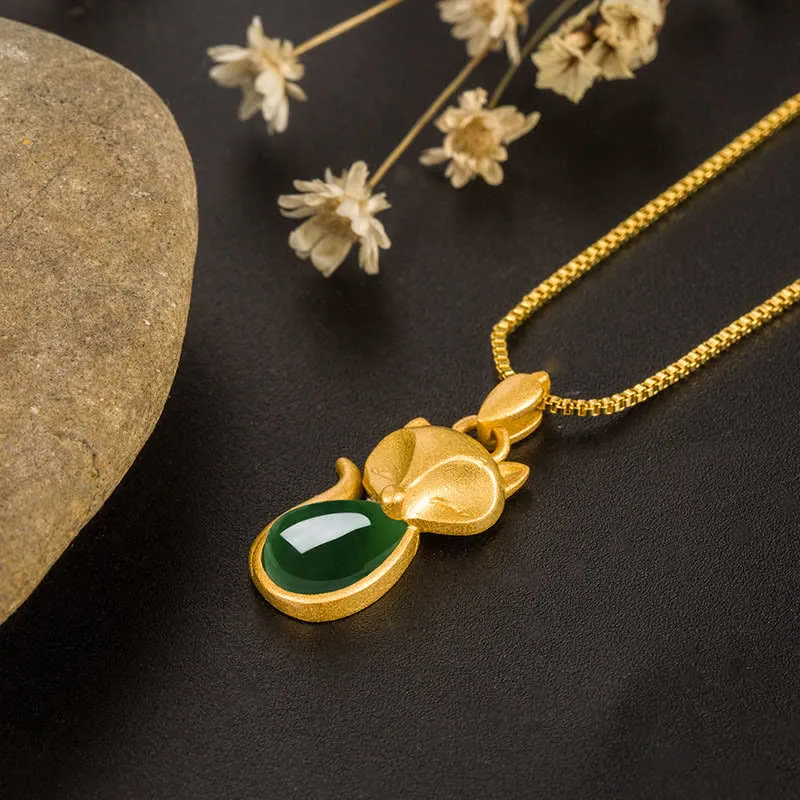 Luck Muse Green Chalcedony Fox Courage Necklace Pendant - Image 3