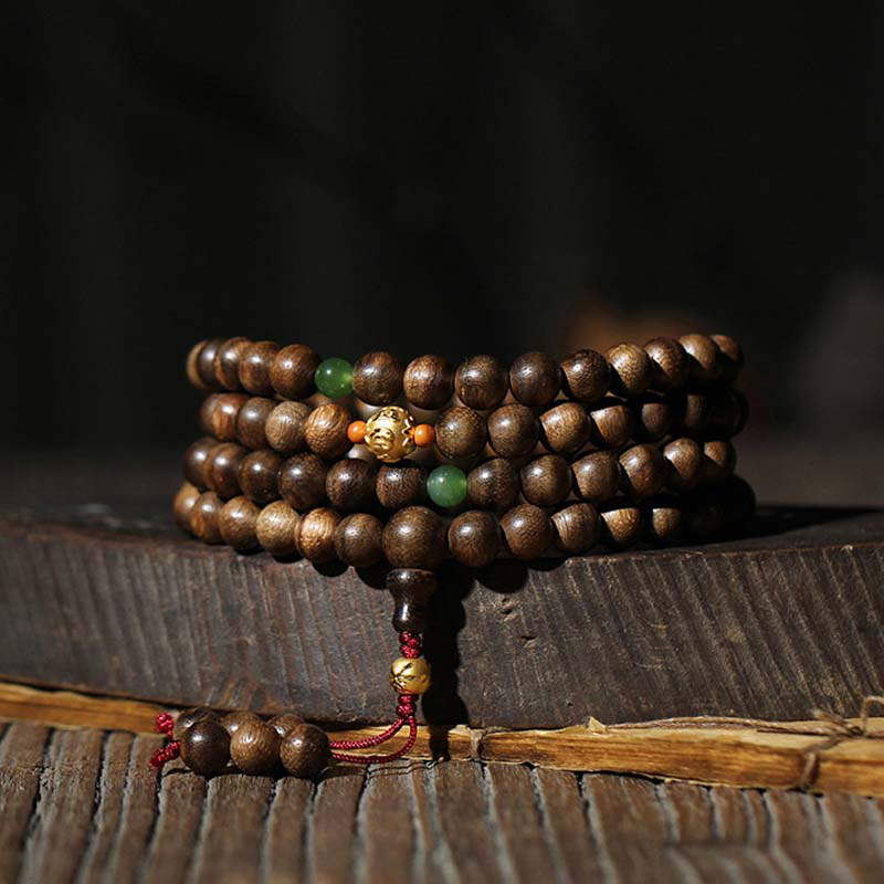 Luck Muse 999 Gold 108 Mala Beads Agarwood Cyan Jade Six Words Strength Bracelet