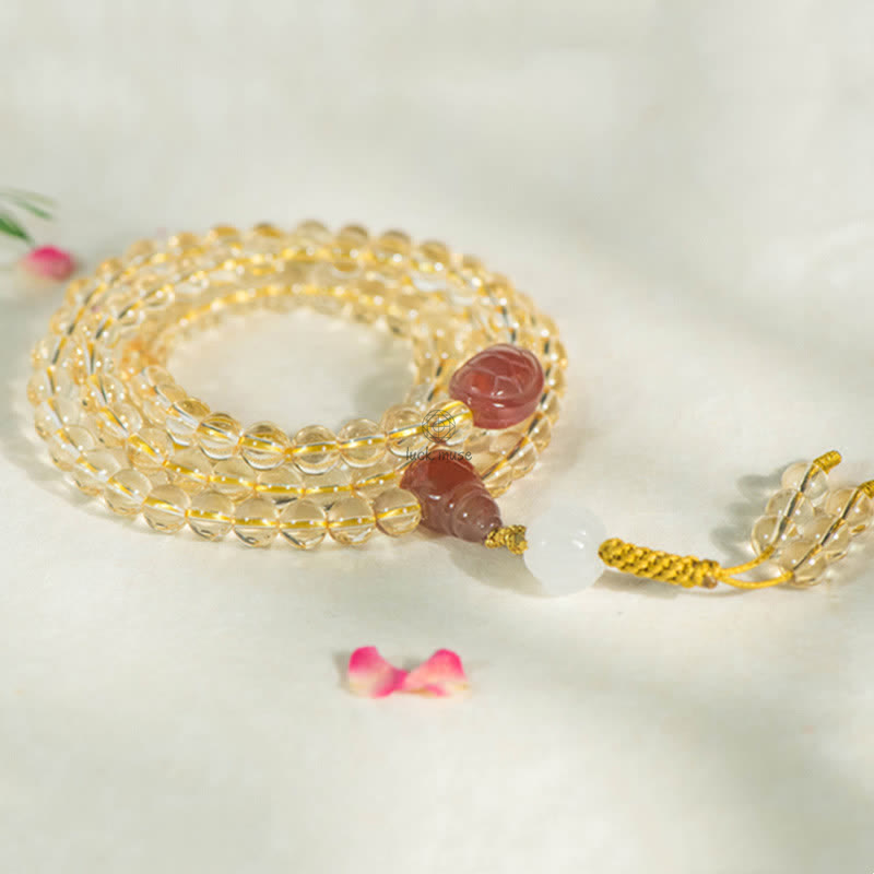 Luck Muse 108 Mala Beads Bracelet with 925 Sterling Silver, Natural Citrine, Red Agate, and White Jade Prosperity Charm - Image 5