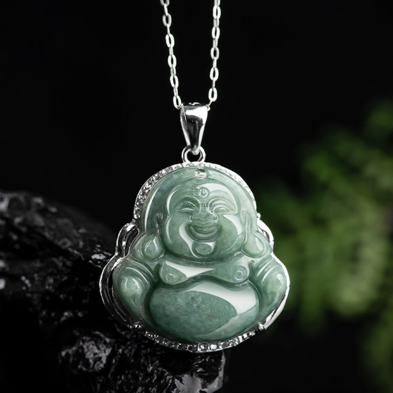 925 Sterling Silver Laughing Buddha Jade Abundance Necklace Pendant - Image 8