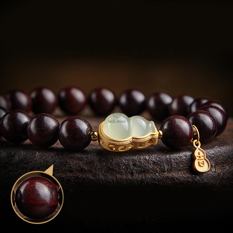 Luck Muse Small Leaf Red Sandalwood Gourd Jade Relaxation Bracelet - Image 4
