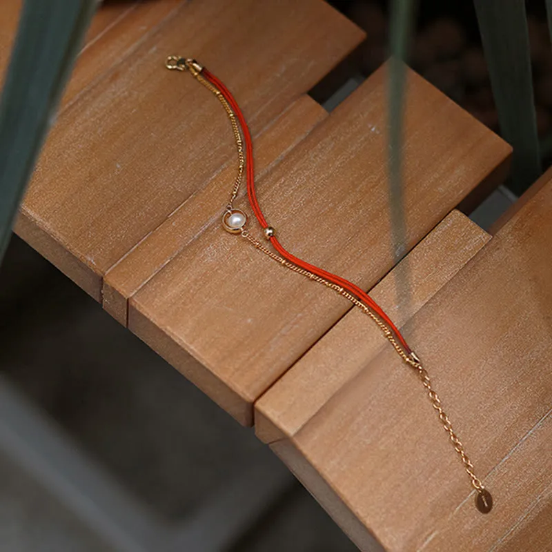 Double Layer Pearl Bead and Red String Bracelet with 14K Gold Plating by Luck Muse Shop - Image 4