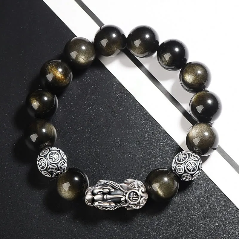 Luck Muse 925 Sterling Silver Gold Sheen Obsidian PiXiu Protection Bracelet - Image 5