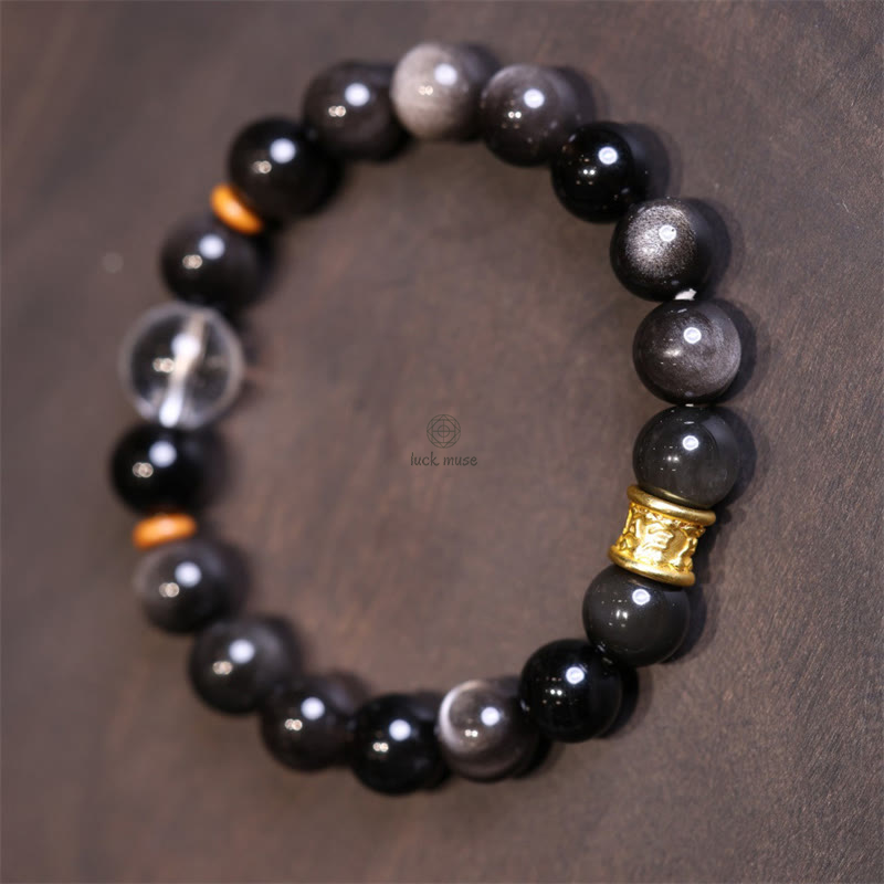 Luck Muse Silver Sheen Obsidian Om Mani Padme Hum Protection Bracelet - Image 4