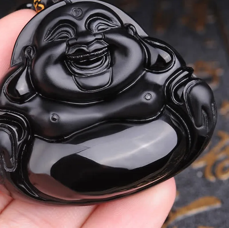 Laughing Buddha Black Obsidian Pendant Necklace - Luck Muse Transformation Collection - Image 4