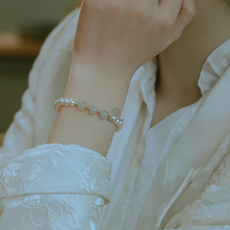 Luck Muse 14K Gold Plated Sincerity Bead Chain Bracelet with Natural Pearl, Hetian Cyan Jade, and White Jade - Image 20