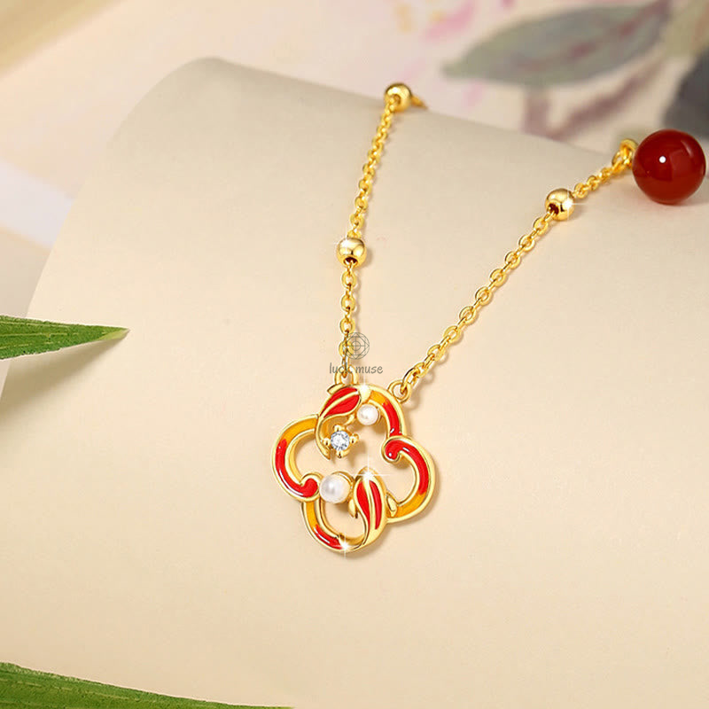 Luck Muse 925 Sterling Silver Four Leaf Clover Koi Fish Red Agate Pearl Jewelry Set - Image 5