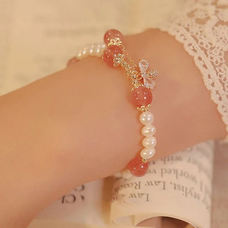 Natural Strawberry Quartz and Pearl Healing Bracelet with Honey Bee Charm - Image 3