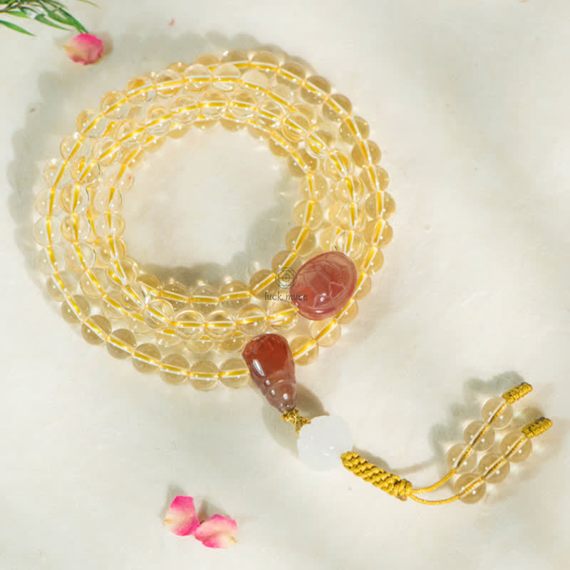 Luck Muse 108 Mala Beads Bracelet with 925 Sterling Silver, Natural Citrine, Red Agate, and White Jade Prosperity Charm - Image 4