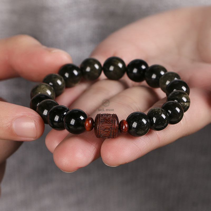 Natural Gold Sheen Obsidian Rainbow Obsidian Om Mani Padme Hum Healing Bracelet - Image 6