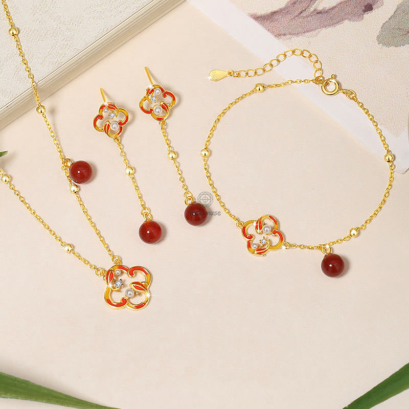Luck Muse 925 Sterling Silver Four Leaf Clover Koi Fish Red Agate Pearl Jewelry Set