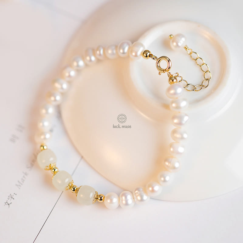 Luck Muse 14K Gold Plated Sincerity Bead Chain Bracelet with Natural Pearl, Hetian Cyan Jade, and White Jade - Image 12