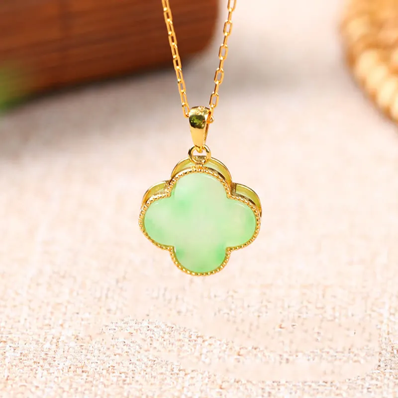 Luck Muse Lucky Four-Leaf Clover Jade Pattern Necklace Pendant - Image 2