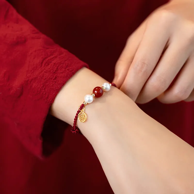 Luck Muse 925 Sterling Silver Fu Character Agate Pearl Red String Braid Bracelet - Image 13