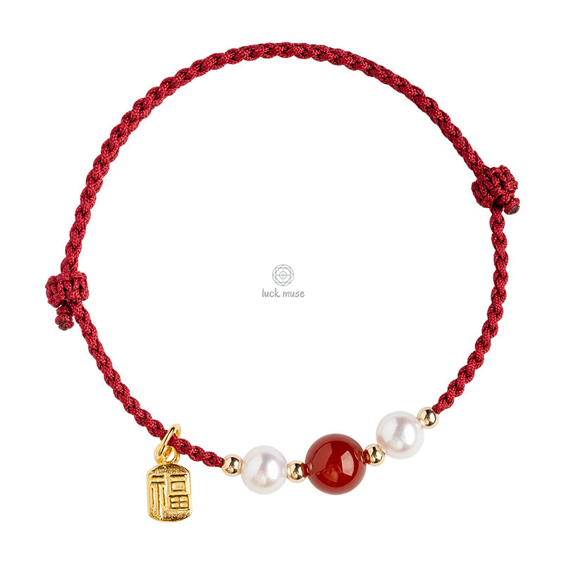 Luck Muse 925 Sterling Silver Fu Character Agate Pearl Red String Braid Bracelet - Image 10