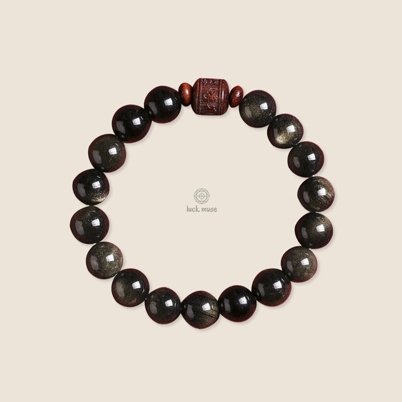 Natural Gold Sheen Obsidian Rainbow Obsidian Om Mani Padme Hum Healing Bracelet - Image 12
