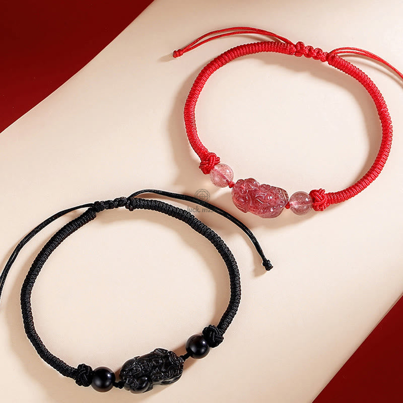 Handmade Silver Sheen Obsidian & Strawberry Quartz PiXiu Protection Bracelet - Image 6